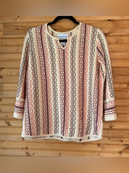 Alfred Dunner Tops - Alfred Dunner Cream Multicolor Striped Knit Top Small Tunic Gold Beads VTG